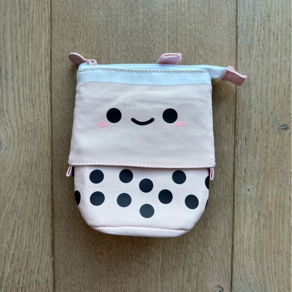 Happy Smiley Boba Milk Bubble Tea Adjustable Slide Pen Pouch - Beige & Pink View 2